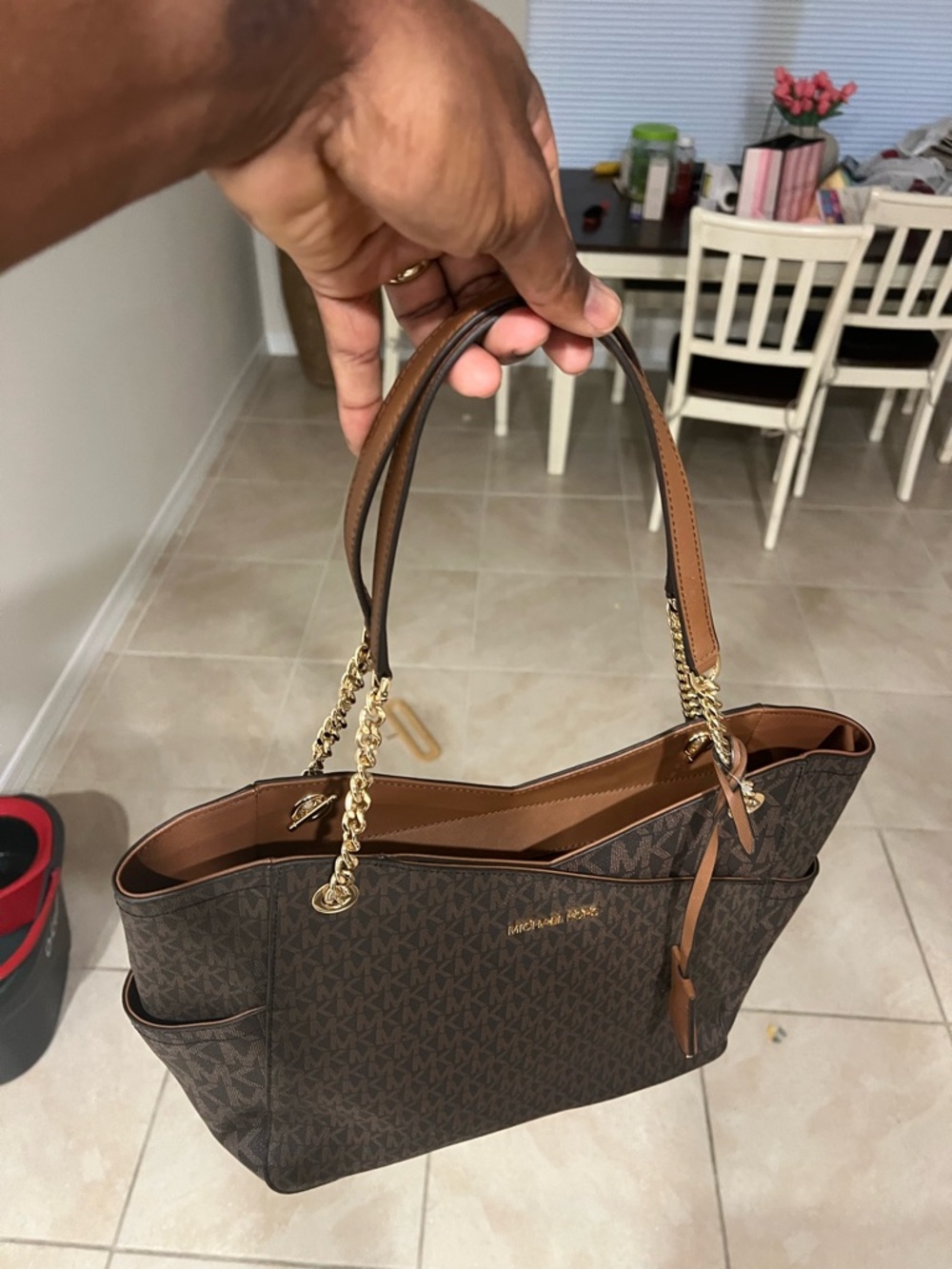 Michael Kors Brown Monogram Tote with Tan Trim